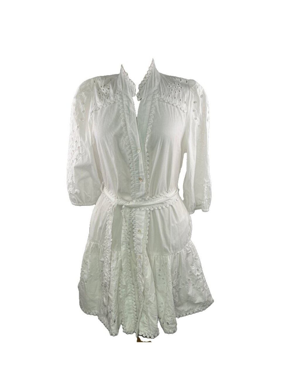 Christian Lacroix Sz M White Embroidered Eyelet Mini Dress Puff Sleeve Belted